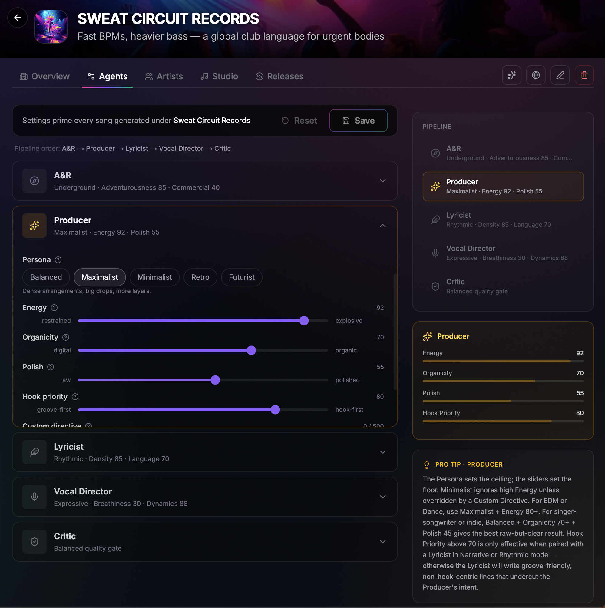 SoundCraft label dashboard showing the 5-agent pipeline with Producer agent expanded — sliders for Energy 92, Organicity 70, Polish 55, Hook Priority 80